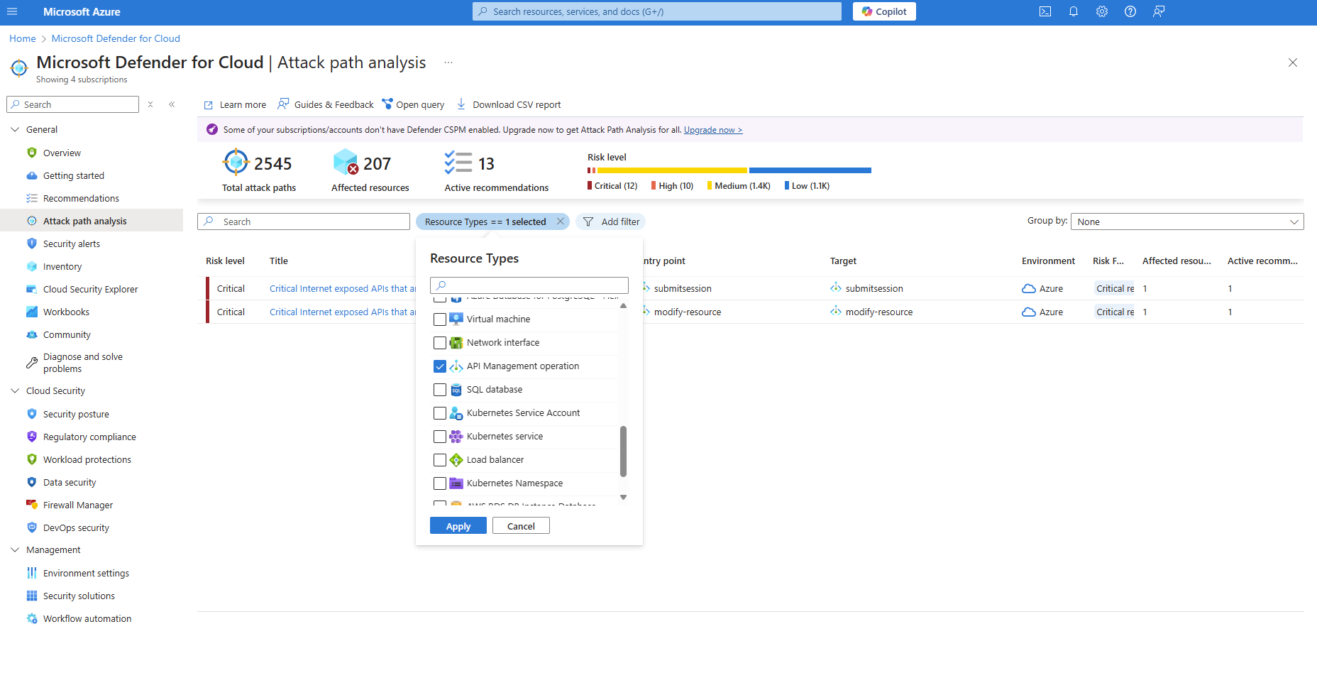 API Management 작업으로 필터링된 공격 경로 분석의 스크린샷