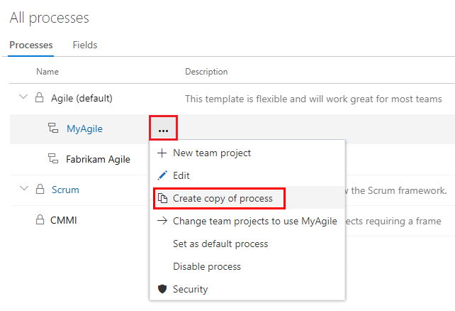 선택한 프로세스에 대한 복사 옵션을 선택하는 방법을 보여 주는 스크린샷