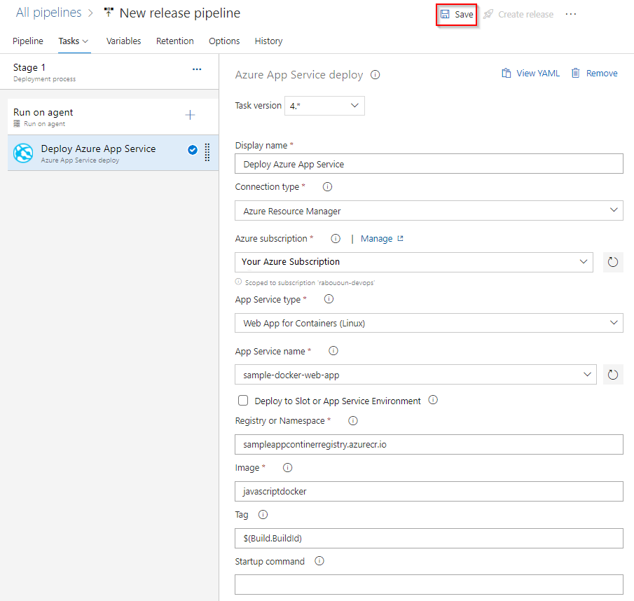 Azure App Service 배포 작업의 스크린샷.