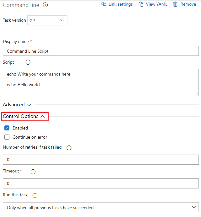 클래식 파이프라인 작업에 대한 확장된 제어 옵션을 보여 주는 스크린샷