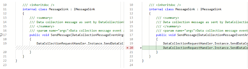 스크린샷은 끌어오기 요청 줄 변경 검사 표시기를 보여줍니다.