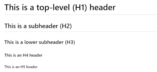 5개 수준의 헤더에 대한 Markdown 구문의 게시된 보기 스크린샷