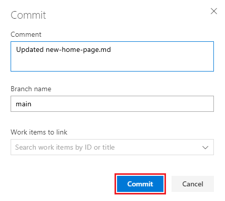 위키 리포지토리에 변경 내용을 추가하는 커밋 대화 상자의 스크린샷