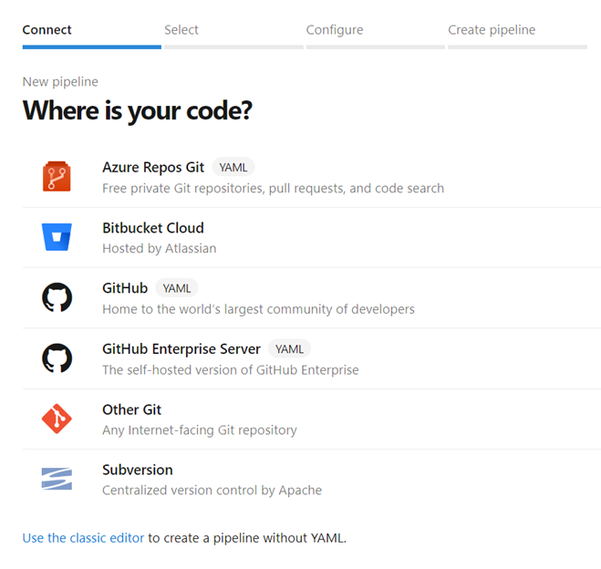 새 빌드 파이프라인 마법사에 포함된 모든 원본 공급자입니다.