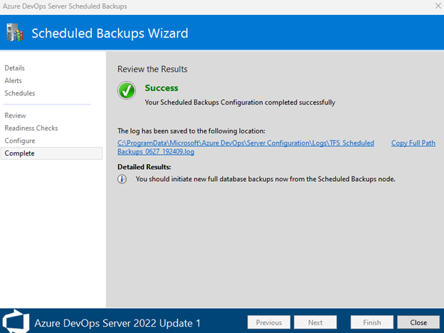 성공적인 백업 구성을 보여 주는 스크린샷