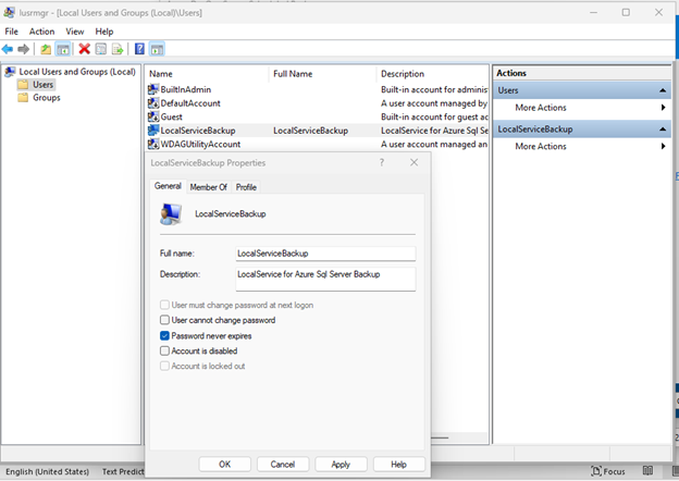 스크린샷은 새로 만든 로컬 사용자 및 액세스를 보여줍니다.