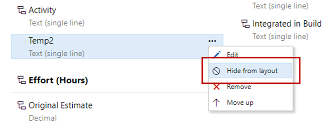 작업 항목 레이아웃에서 사용자 지정 필드 숨기기 스크린샷