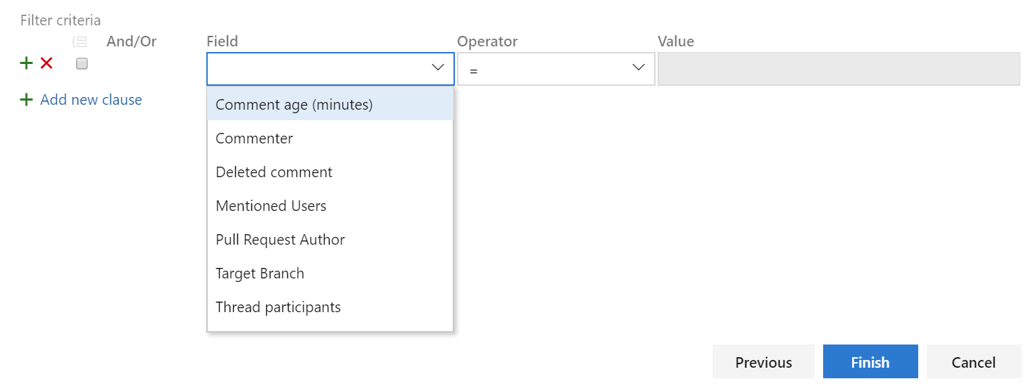 필터 조건 페이지와 필드 드롭다운 목록의 내용을 보여 주는 스크린샷