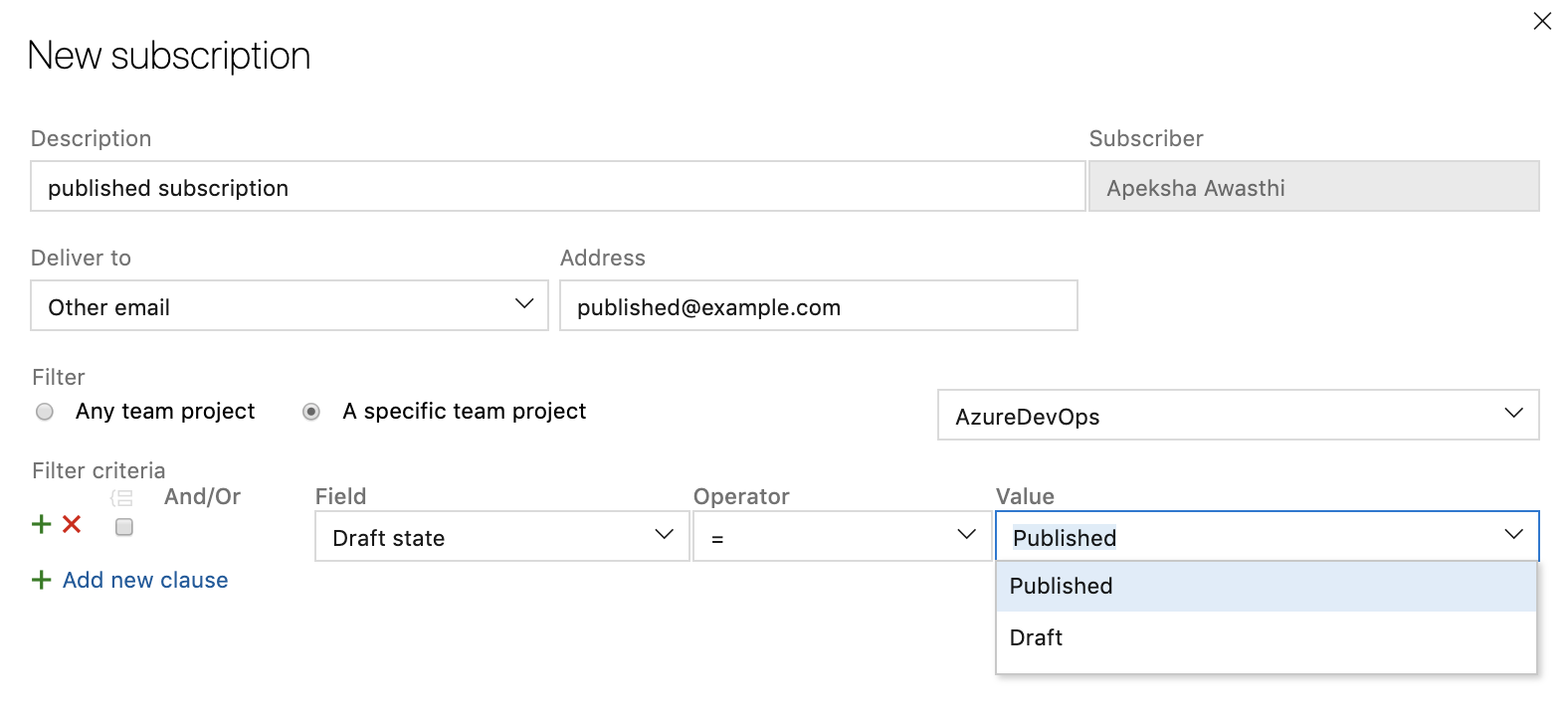 필터 조건 기능에 초안이 옵션으로 추가되었음을 보여 주는 새 구독 대화 상자의 스크린샷