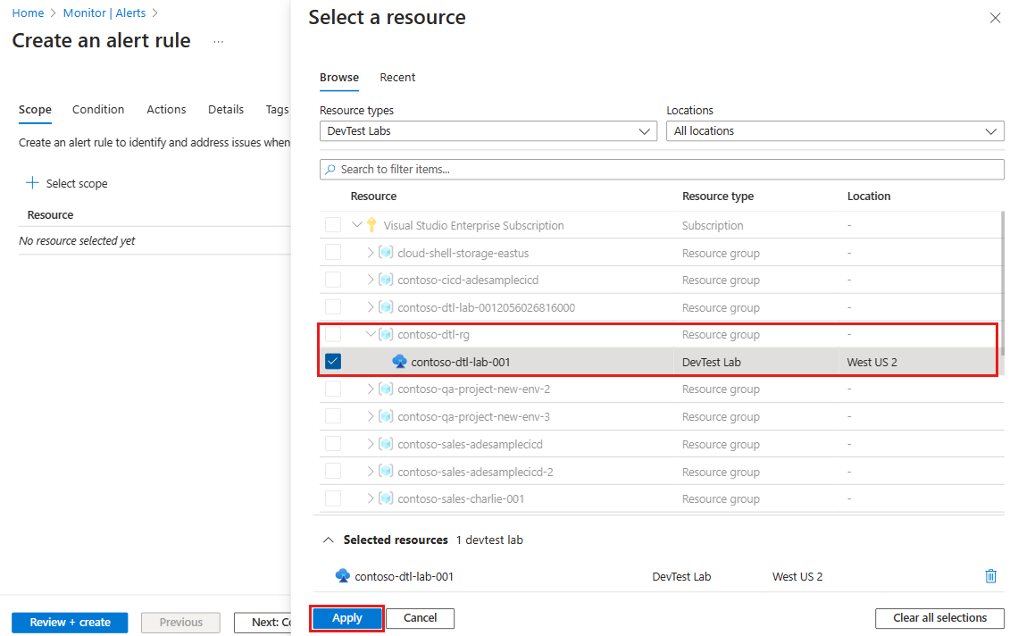 랩이 선택된 리소스 선택 창을 보여 주는 스크린샷.