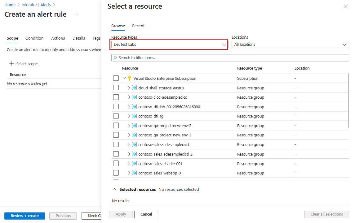 리소스 종류가 DevTest Labs로 설정된 리소스 선택 창을 보여 주는 스크린샷.