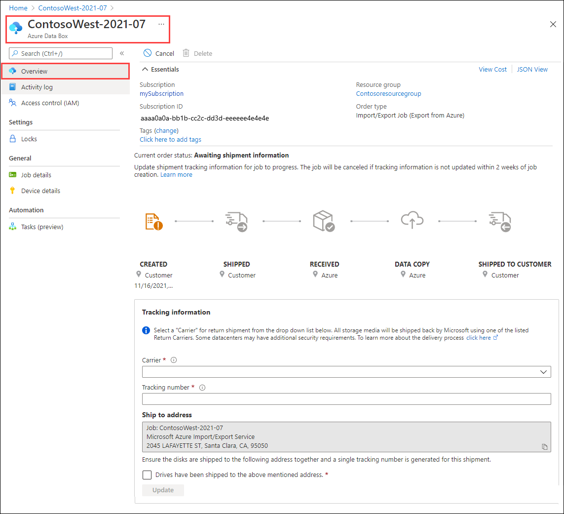 포털에서 만든 상태의 Azure Import Export 작업에 대한 개요 창을 보여 주는 스크린샷.