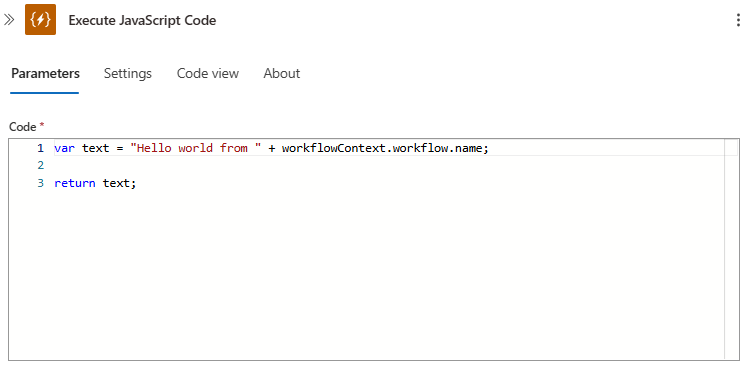 기본 샘플 코드를 사용하여 JavaScript 코드 실행 작업을 보여 주는 스크린샷.