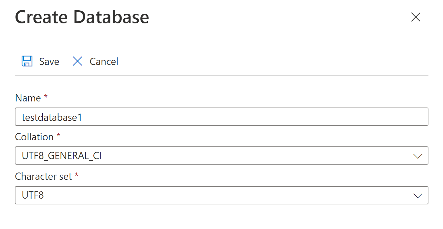 Azure Database for MySQL 유연한 서버에서 데이터베이스를 만드는 방법을 보여 주는 스크린샷