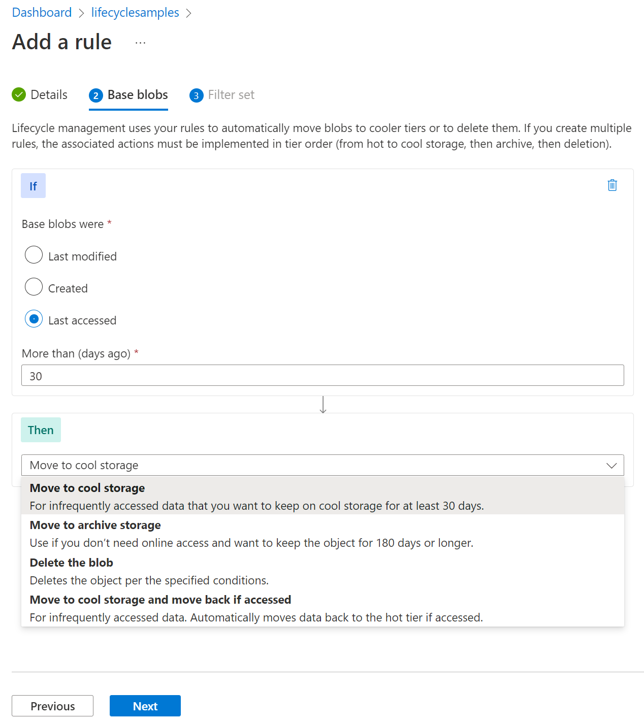 Azure Portal의 수명 주기 관리 기본 Blob 페이지 스크린샷