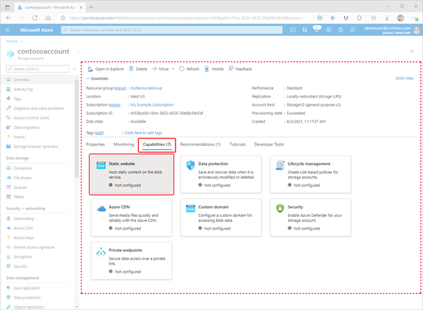 Azure Portal 내에서 정적 웹 사이트 구성 페이지에 액세스하는 방법을 보여 주는 이미지