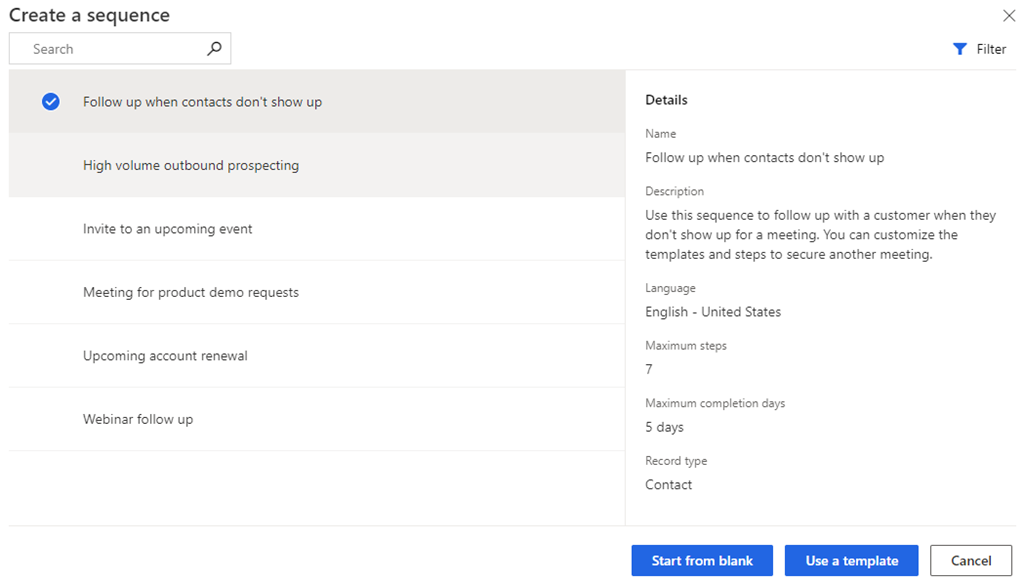 Dynamics 365 Sales에서 시퀀스를 만드는 옵션을 선택하는 스크린샷