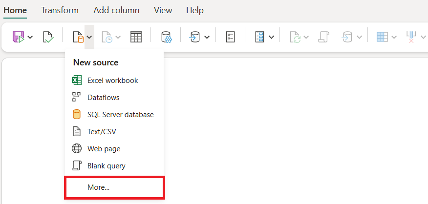 메뉴에서 데이터 가져오기 단추가 강조 표시되고 자세히... 옵션이 강조 표시된 데이터 흐름 메뉴를 보여 주는 스크린샷 옵션