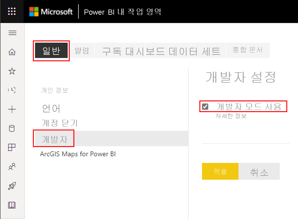 Power BI 설정의 개발자 설정 탭에 있는 개발자 모드 사용 스크린샷