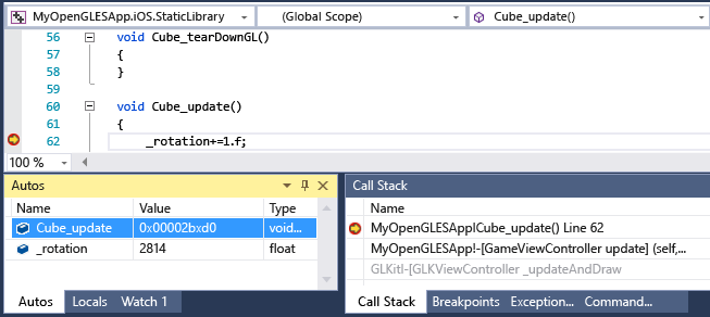 CPPMDD_OpenGLES_iOSDebug Debugger at breakpoint in iOS app