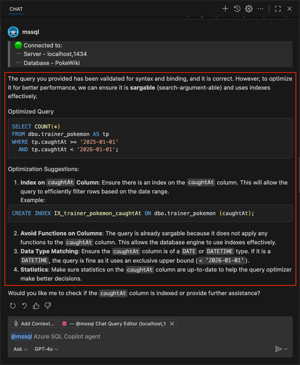 /optimize 슬래시 명령 세부 최적화 제안 및 인덱스 생성을 보여 주는 스크린샷.