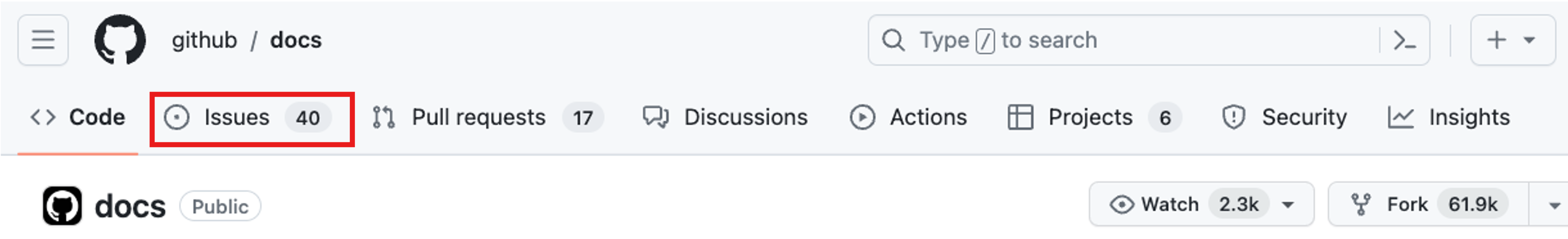 문제 섹션이 강조 표시된 리포지토리의 주 페이지 위쪽 부분을 보여 주는 스크린샷