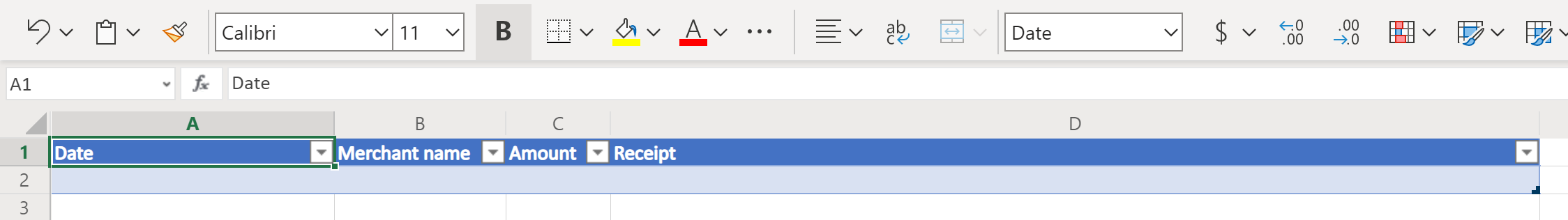 Excel table headers Date, Merchant name, Amount, and Receipt.