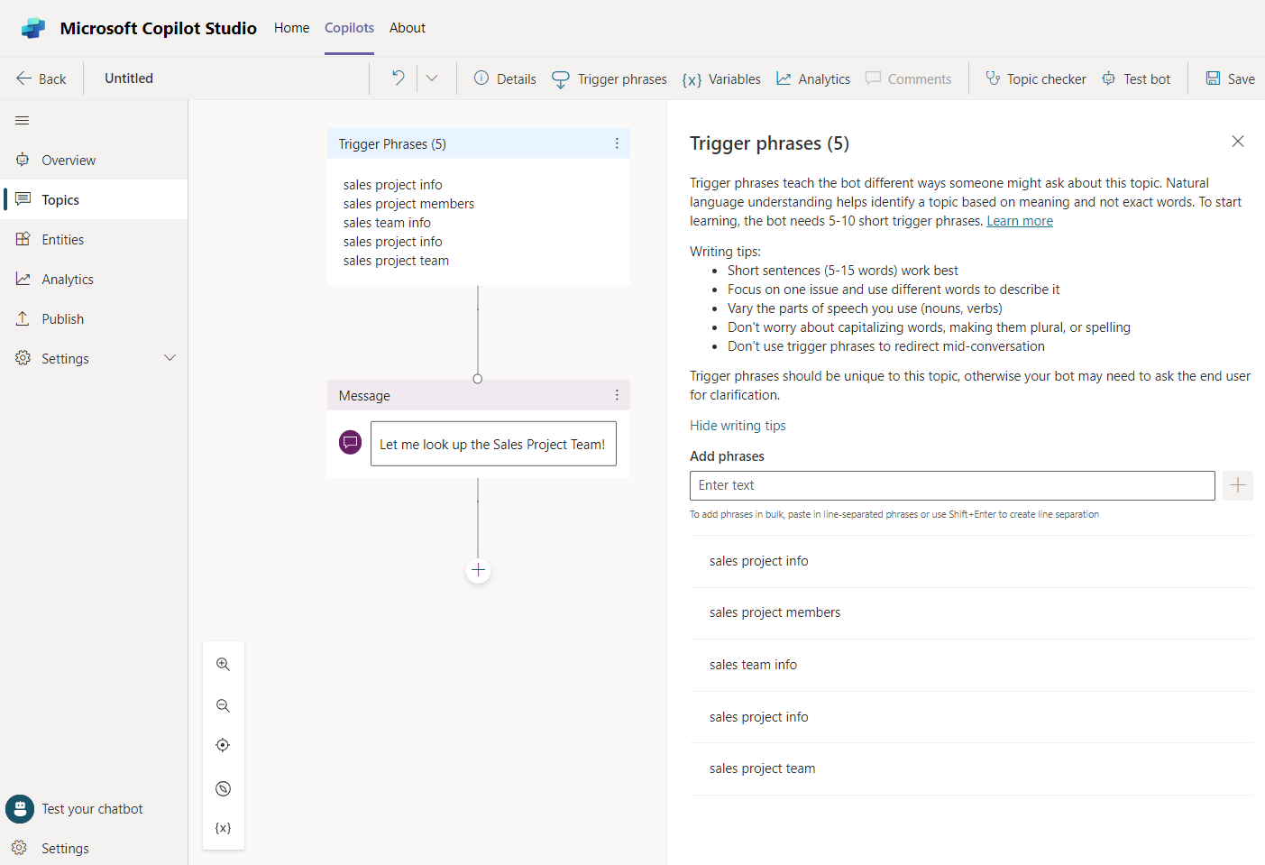 Screenshot of the setup with the name and trigger phrases.