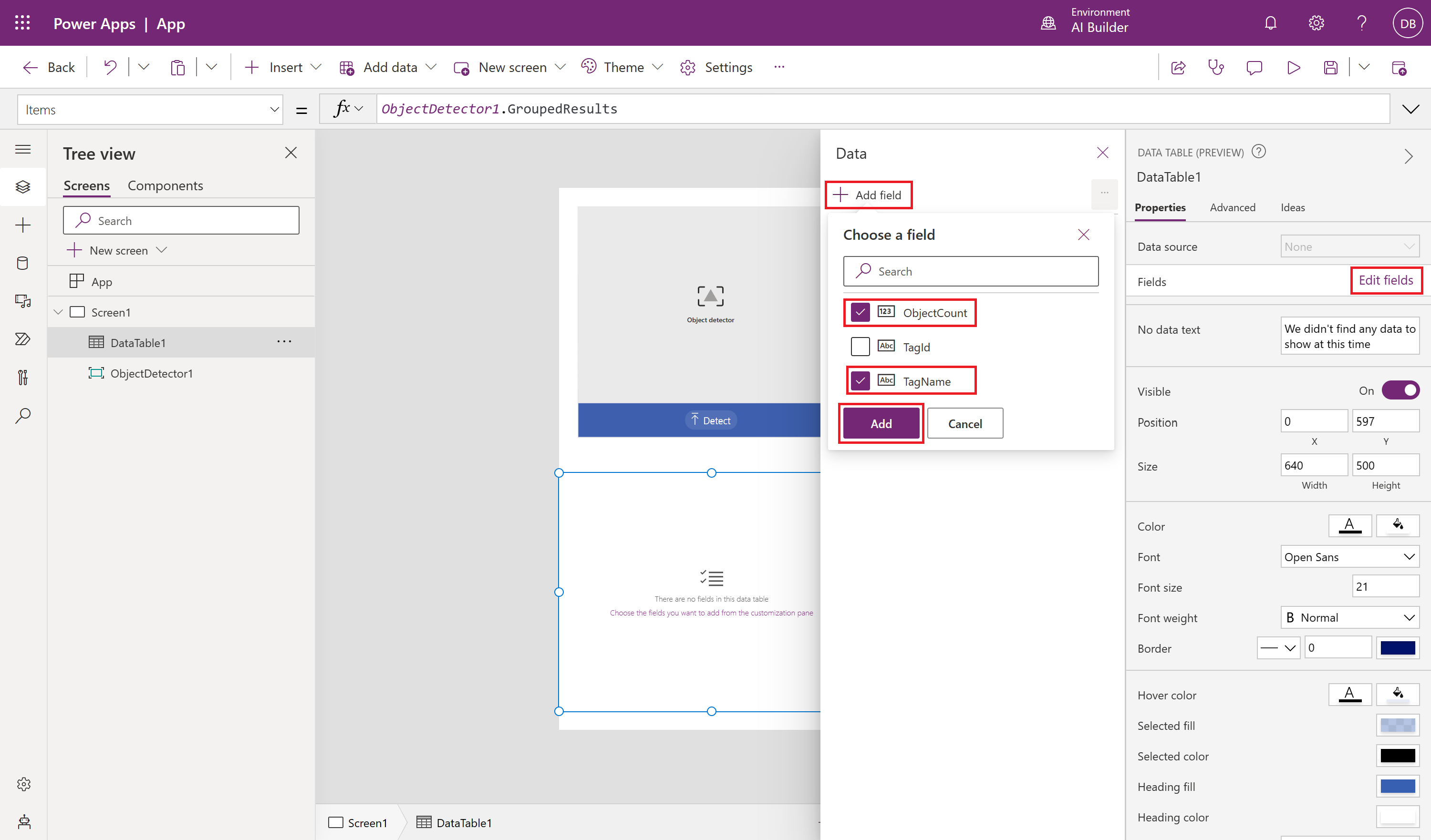 Screenshot of steps to edit fields of DataTable1 in Power Apps.
