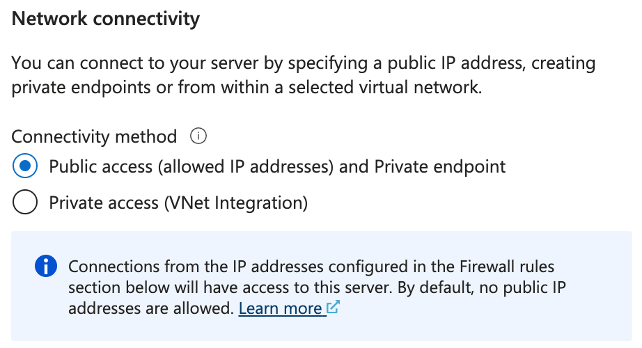 공용 액세스와 프라이빗 액세스 간의 네트워크 연결 선택 스크린샷.
