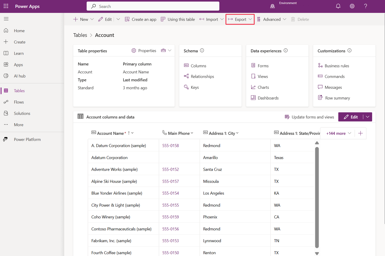 Screenshot showing the controls that users select to export data with Tables selected from the Power Apps navigation menu and Export and Export Data selected from the command bar.