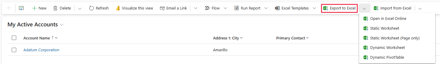 Screenshot of Export to Excel options.