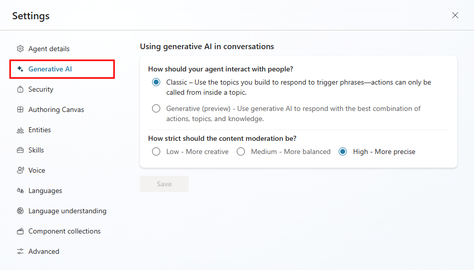 Screenshot of the Generative AI settings.