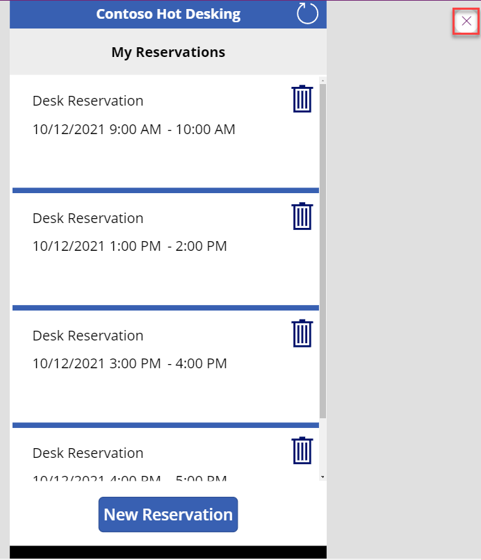 Screenshot of the close canvas app preview button.