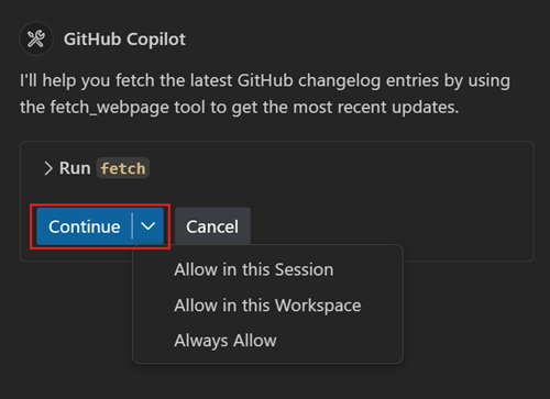 확인을 요청하는 에이전트 모드의 스크린샷.