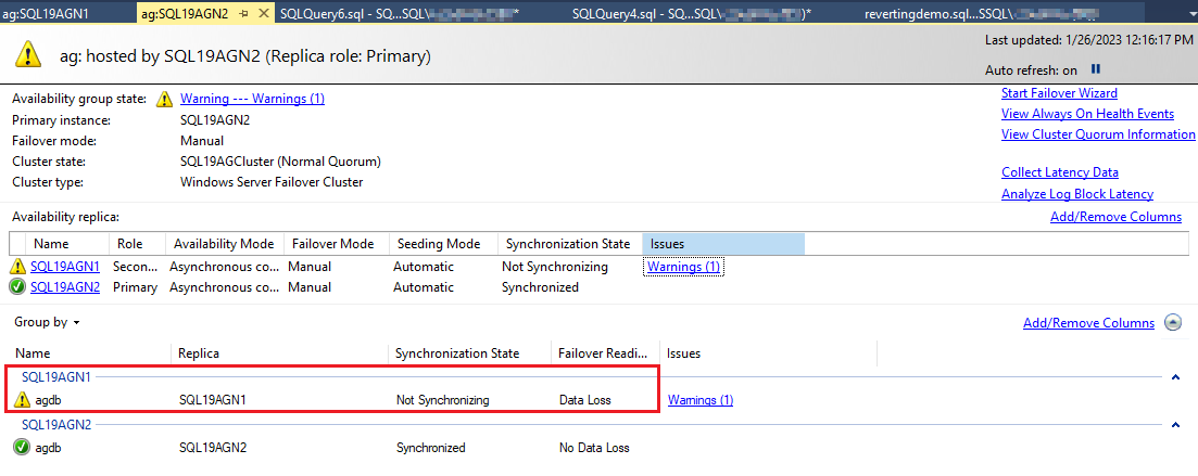 주 데이터베이스에서 동기화되지 않음을 보고하는 Always On 대시보드의 스크린샷