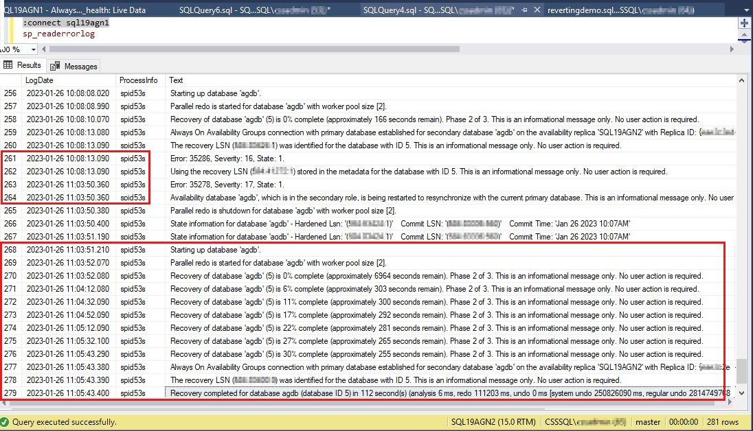되돌리기 및 복구 단계에 대한 SQL Server 오류 로그의 스크린샷.