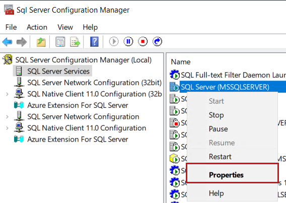 속성이 강조 표시된 SQL Server 서비스 마우스 오른쪽 단추 클릭 메뉴의 스크린샷