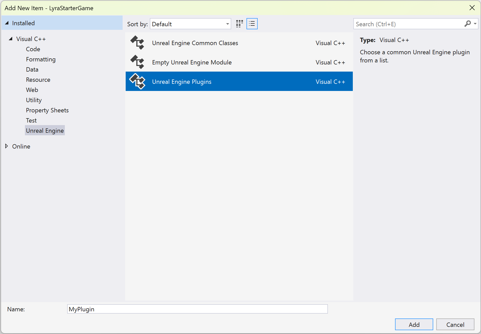 Unreal Engine 플러그 인이 선택된 새 항목 추가 대화 상자의 스크린샷