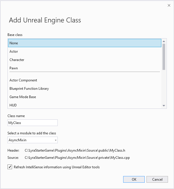 새 Unreal Engine 추가 클래스 대화 상자의 스크린샷
