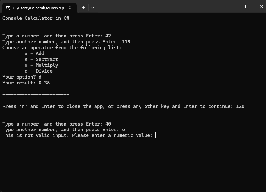 리팩터링된 계산기 앱이 있는 콘솔 창을 보여 주는 스크린샷입니다.