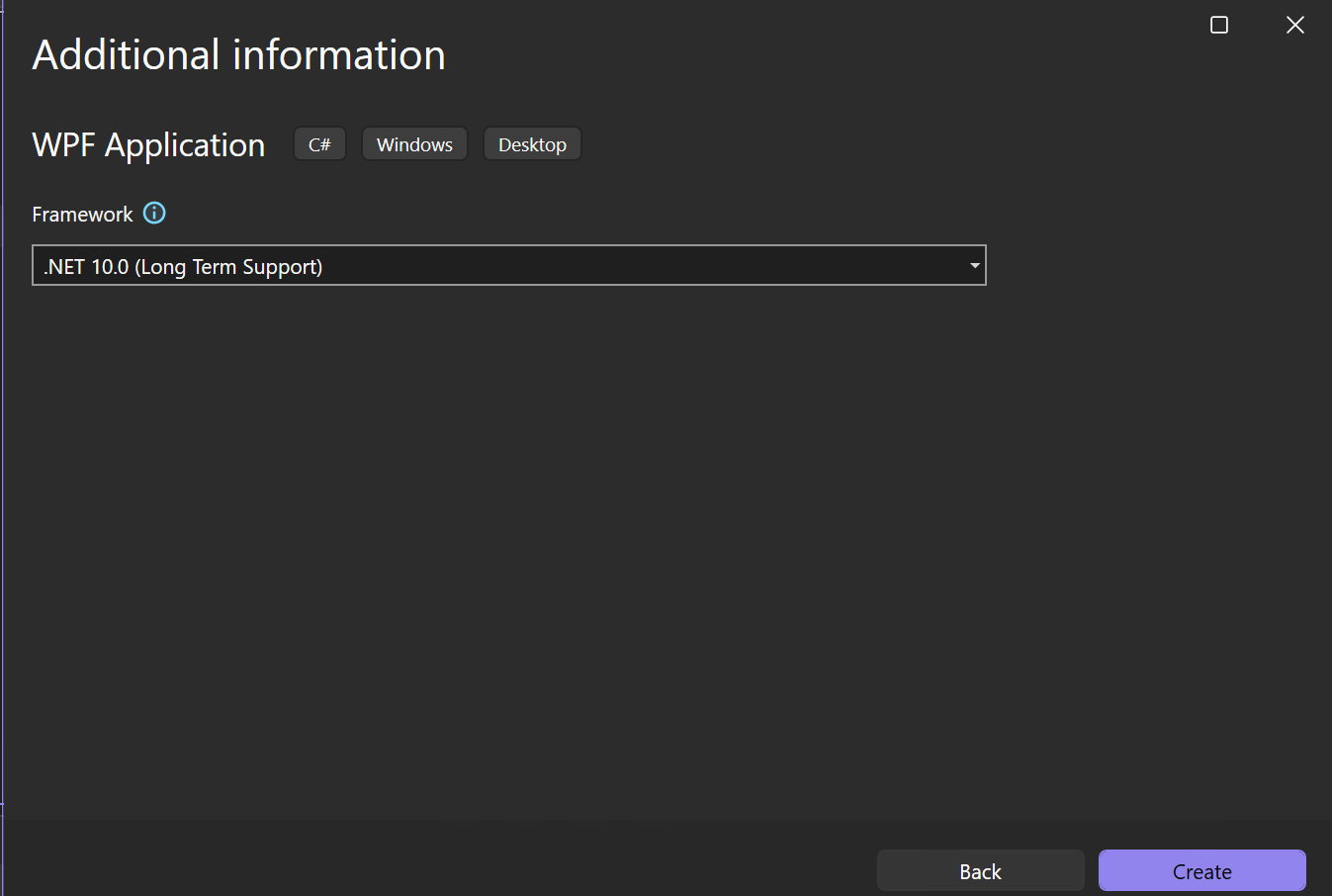 .NET 10.0이 새 프로젝트의 대상 프레임워크로 선택된 추가 정보 창을 보여 주는 스크린샷.
