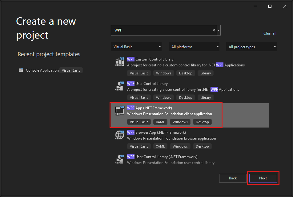 검색 상자에 'WPF'가 입력되고 언어 목록에서 'Visual Basic'이 선택되고 'WPF 앱(.NET Framework)' 프로젝트 템플릿이 강조 표시된 '새 프로젝트 만들기' 대화 상자의 스크린샷
