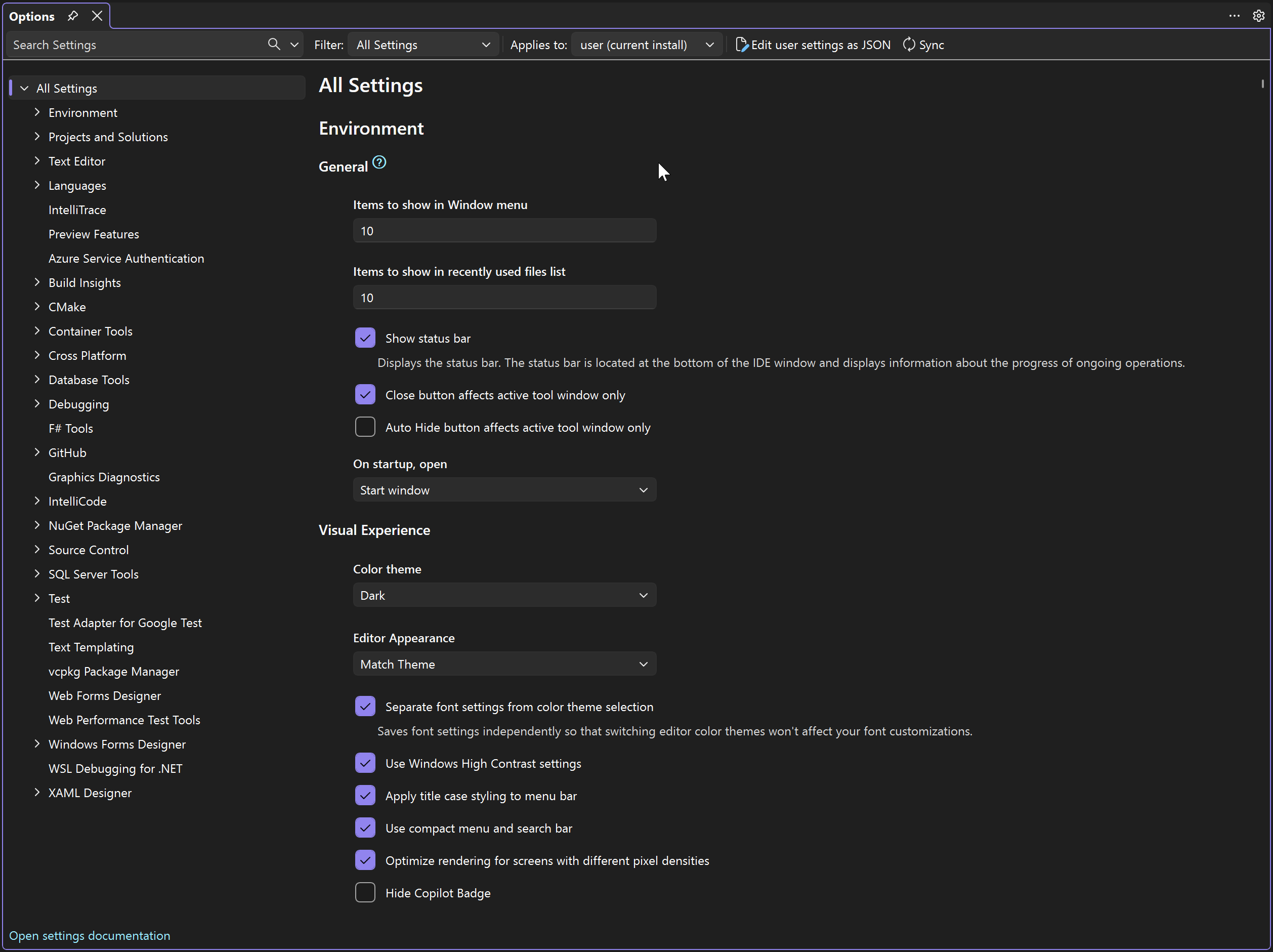 Visual Studio 설정 환경의 스크린샷.
