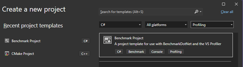 Visual Studio의 BenchmarkDotNet 템플릿 스크린샷
