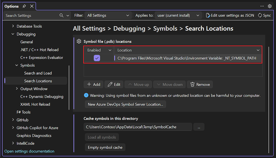 도구, 옵션, 모든 설정, 디버깅, 기호, 검색 위치 옵션을 보여 주는 스크린샷.