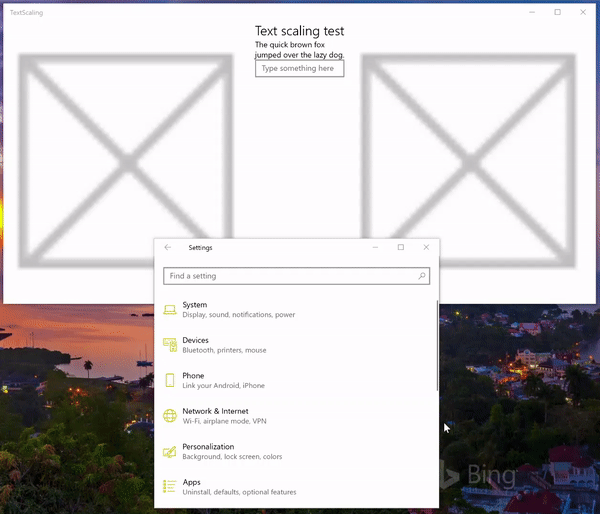 텍스트 크기 100%에서 225%까지 조정 애니메이션.