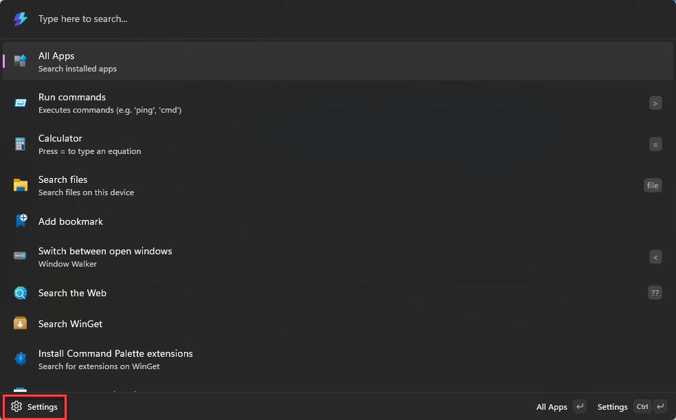 설정 단추가 빨간색으로 강조 표시된 명령 팔레트 인터페이스의 애니메이션 GIF입니다.