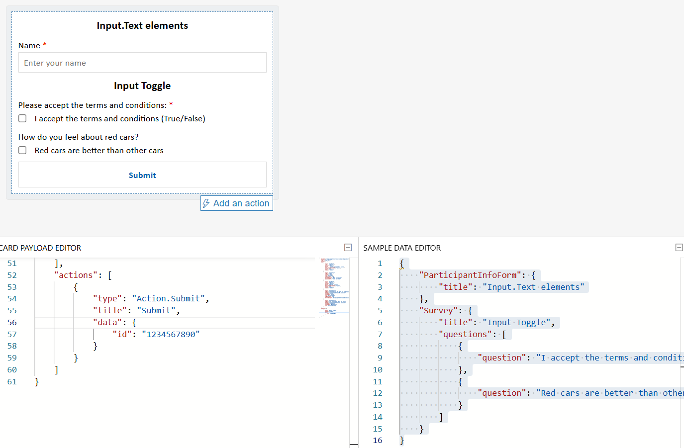 토글이 있는 양식의 적응형 카드 스크린샷