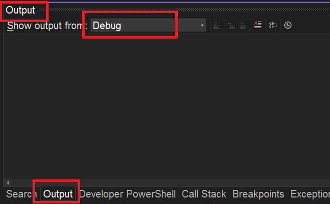 Visual Studio의 출력 패널 스크린샷